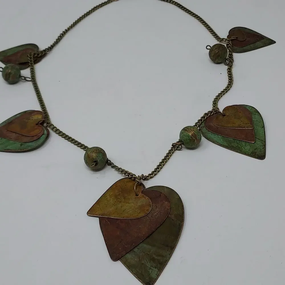 Vintage Artisan Copper Brass Verdigris Heart Ball Necklace Large Statement Piece